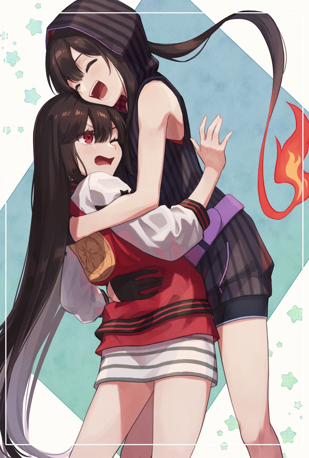 1boy 1girl black_gloves brother_and_sister crest family_crest fate/grand_order fate_(series) gloves highres hug long_hair long_sleeves oda_nobukatsu_(fate) oda_nobunaga_(fate) oda_nobunaga_(swimsuit_berserker)_(fate) oda_nobunaga_(swimsuit_berserker)_(first_ascension)_(fate) oda_uri open_mouth red_eyes siblings skirt sleeveless striped_clothes striped_skirt trap yzrh0