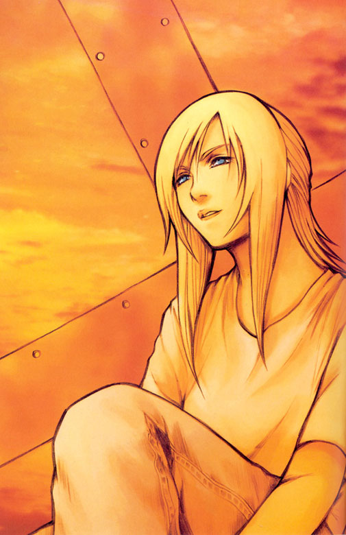 1girl aya_brea beam blonde_hair blue_eyes female_focus knee_up long_hair nomura_tetsuya official_art parasite_eve_(series) parasite_eve_i shirt solo sunset t-shirt