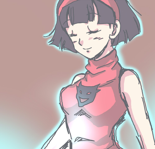 10s 1girl bare_arms black_hair blue_background breasts closed_eyes dragon_ball dragon_ball_super dragon_ball_z_kami_to_kami dragonball_z dress eyelashes female_focus floating_hair glowing gradient_background hairband happy light_smile lowres pesogin red_background red_dress red_hairband short_hair simple_background sleeveless sleeveless_dress smile solo upper_body videl