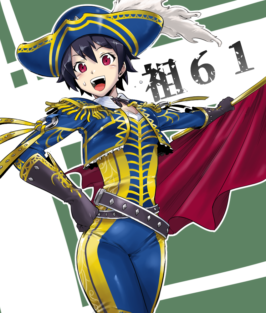 1girl belt bicorne black_hair black_ribbon blue_hat blue_jacket blue_pants blue_shirt blush breasts brown_belt brown_gloves collar commentary cowboy_shot cropped_jacket detached_collar dutch_angle epaulettes feathers gloves gold_trim green_background hair_between_eyes hand_on_own_hip hat hat_feather holding jacket looking_ahead matador megido72 muleta multiple_belts nasubino neck_ribbon open_clothes open_jacket open_mouth outstretched_arm pants red_eyes ribbon shirt short_hair solo striped sweat tomboy translated white_background white_collar white_feathers yellow_gloves yellow_hat yellow_jacket yellow_pants yellow_shirt zagan_(megido72)