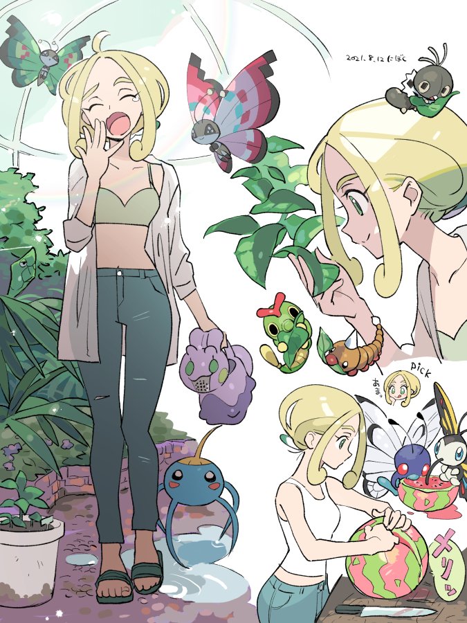 1girl ahoge alternate_costume beautifly blonde_hair blush_stickers butterfree caterpie chibi chibi_inset closed_eyes closed_mouth collarbone commentary_request dated eyelashes gen_1_pokemon gen_3_pokemon gen_6_pokemon green_eyes green_footwear gym_leader hand_up holding holding_leaf leaf medium_hair metapod midriff_peek multiple_views nibo_(att_130) nintendo open_mouth pants plant pokemon pokemon_(creature) pokemon_xy potted_plant sandals sliggoo smile spewpa standing surskit tearing_up themed_object toes tongue viola_(pokemon) vivillon vivillon_(garden) vivillon_(meadow) watering_can weedle yawning