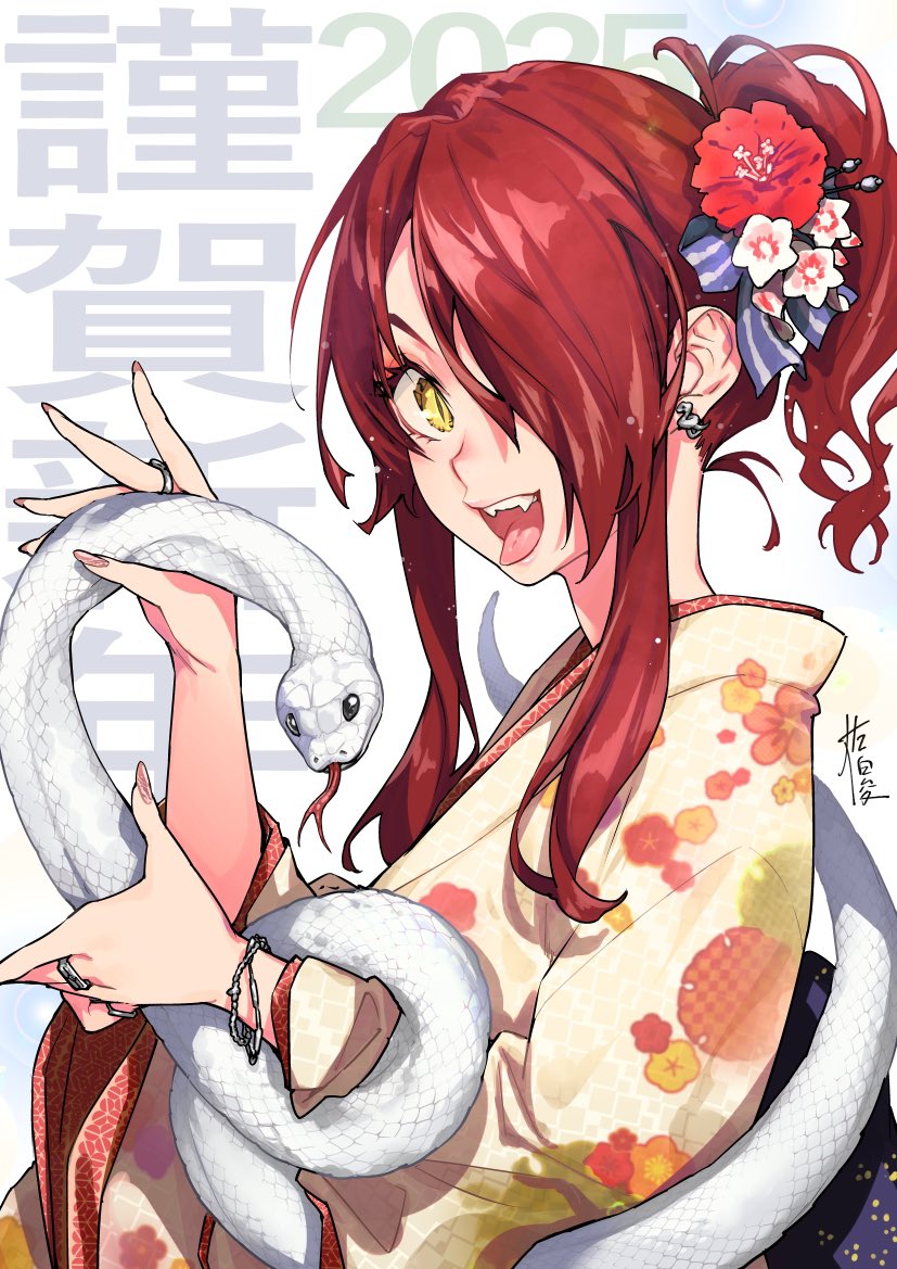 1girl 2025 :d bracelet commentary_request earrings fangs from_side hair_ornament hair_over_one_eye hair_up happy_new_year holding_animal holding_snake japanese_clothes jewelry kanzashi kimono kobayashi_rindou long_hair looking_at_viewer multiple_rings new_year open_mouth ponytail red_hair ring saeki_shun shokugeki_no_souma simple_background slit_pupils smile snake snake_earrings solo tongue tongue_out white_snake yellow_eyes yellow_kimono