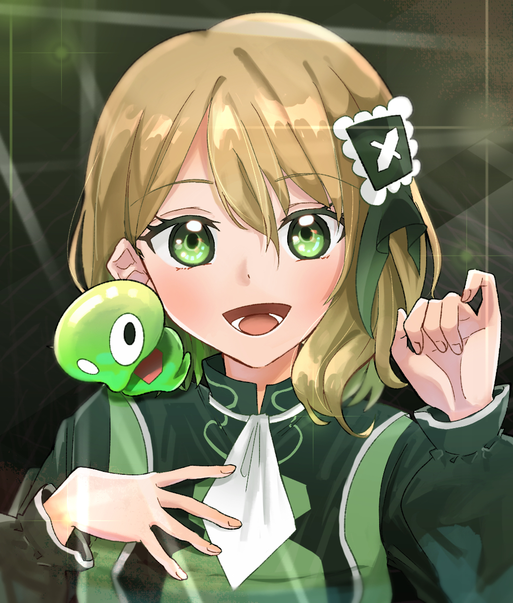 1girl ascot gen_6_pokemon green_eyes highres legendary_pokemon looking_at_viewer nintendo official_alternate_costume on_shoulder pokemon pokemon_(creature) pokemon_masters_ex pokemon_on_shoulder serena_(pokemon) serena_(sygna_suit)_(pokemon) short_hair syokora_makaron upper_body white_ascot zygarde zygarde_core