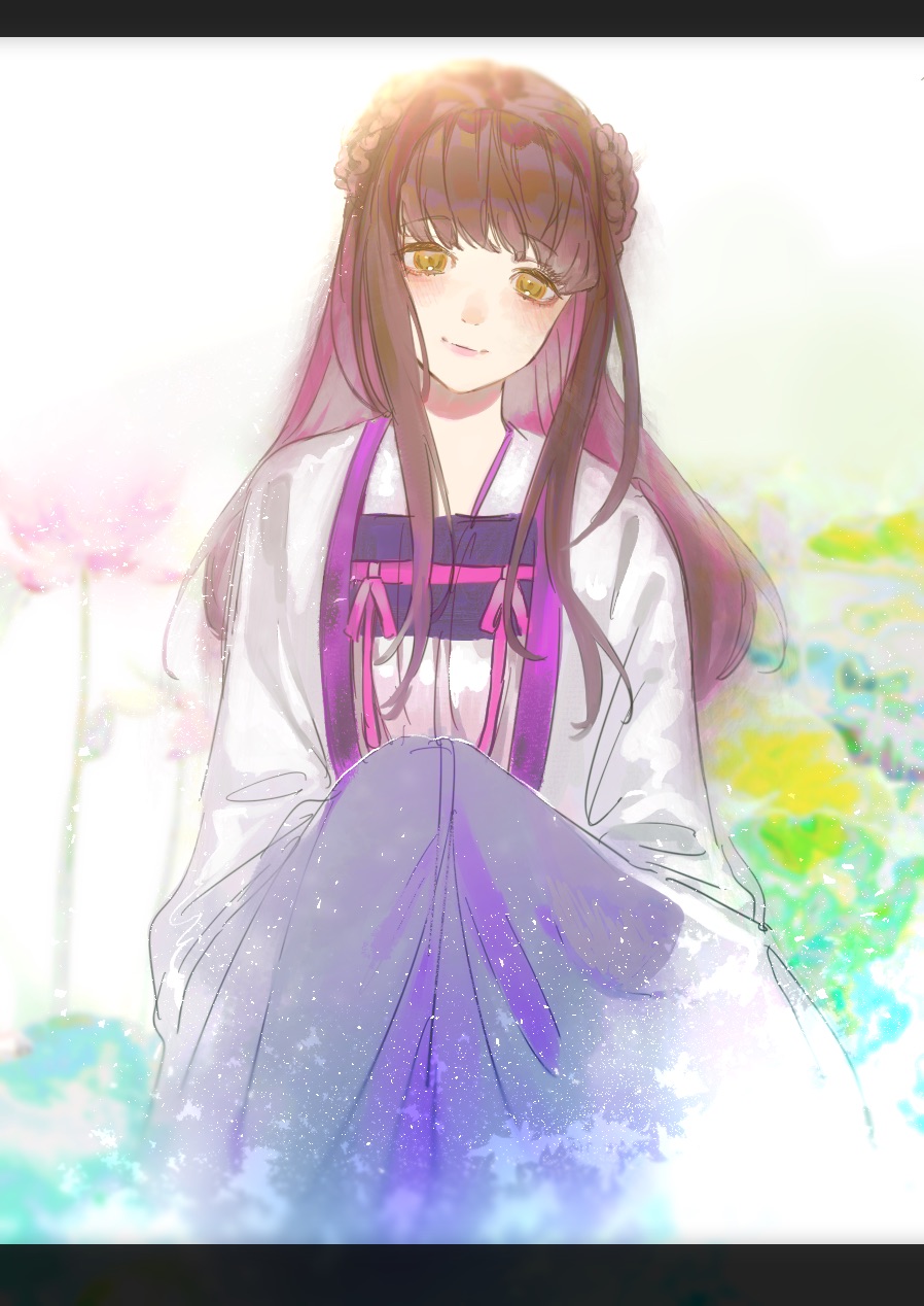 1girl blush braid braided_bun brown_hair chinese_clothes closed_mouth double_bun dress flower gymnasium119 hair_bun hanfu highres jiang_yanli letterboxed light_particles long_hair long_sleeves looking_at_viewer lotus lotus_leaf modao_zushi outdoors own_hands_together pink_flower purple_dress purple_hanfu qixiong_ruqun ribbon smile solo wide_sleeves yellow_eyes