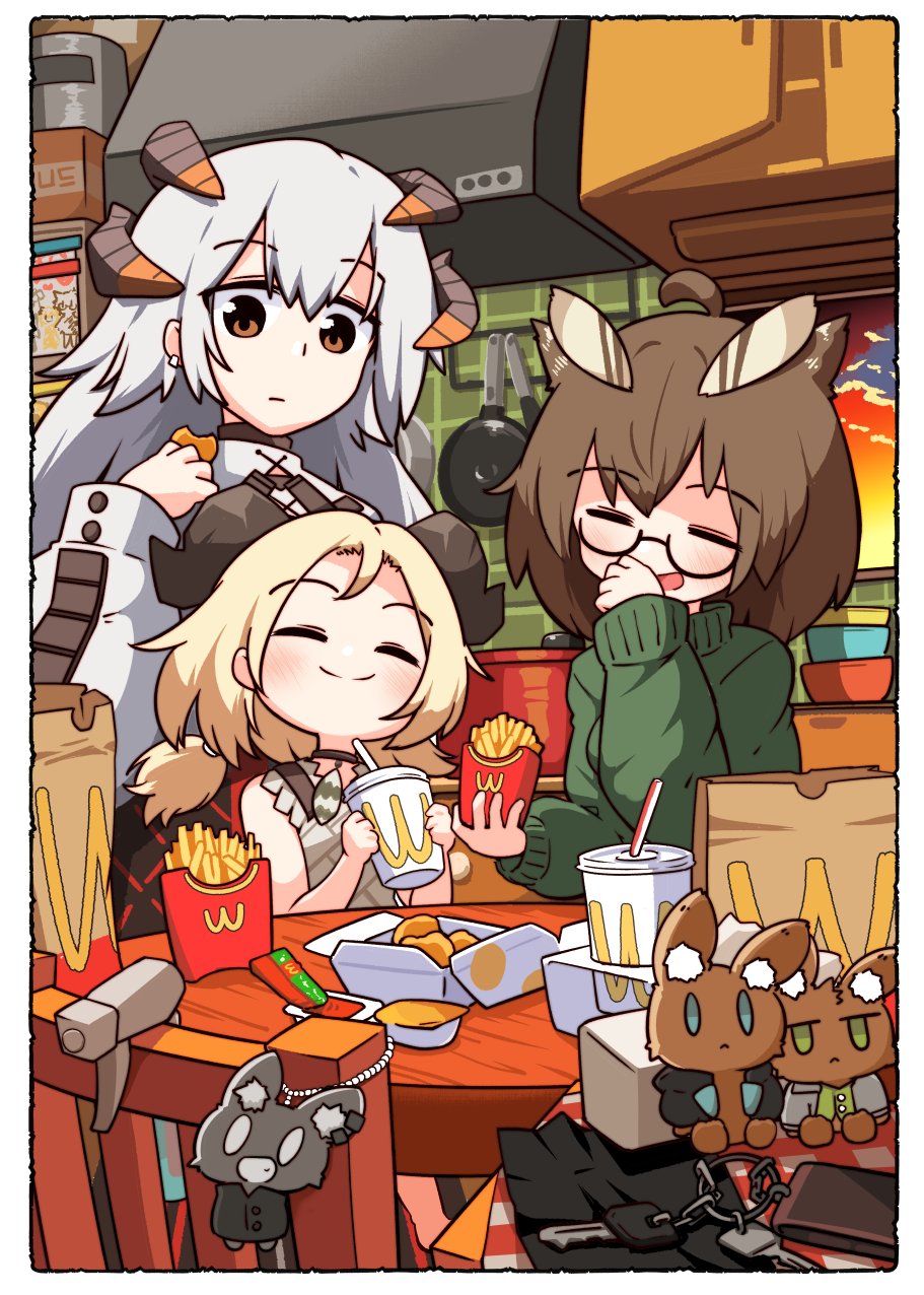 3girls ahoge arknights blonde_hair blush border bottle bowl bowl_stack box brand_name_imitation brown_eyes brown_hair cardboard_box chair character_doll chibi chicken_nuggets closed_eyes cloud commentary condiment_packet cooking_pot counter cup demon_girl demon_horns disposable_cup disposable_cup_holder dress drink drinking_straw fast_food feather_hair food french_fries frying_pan glass green_sweater grey_dress grey_hair hair_between_eyes highres holding holding_drink holding_food horns ifrit_(arknights) indoors kado_(hametunoasioto) ketchup long_hair looking_at_another looking_down looking_up mcdonald&#039;s multiple_girls owl_girl parted_bangs saria_(arknights) sauce short_twintails silence_(arknights) sitting smile spray_bottle sunset sweater table twintails upper_body wallet wcdonald&#039;s wind yoru_mac
