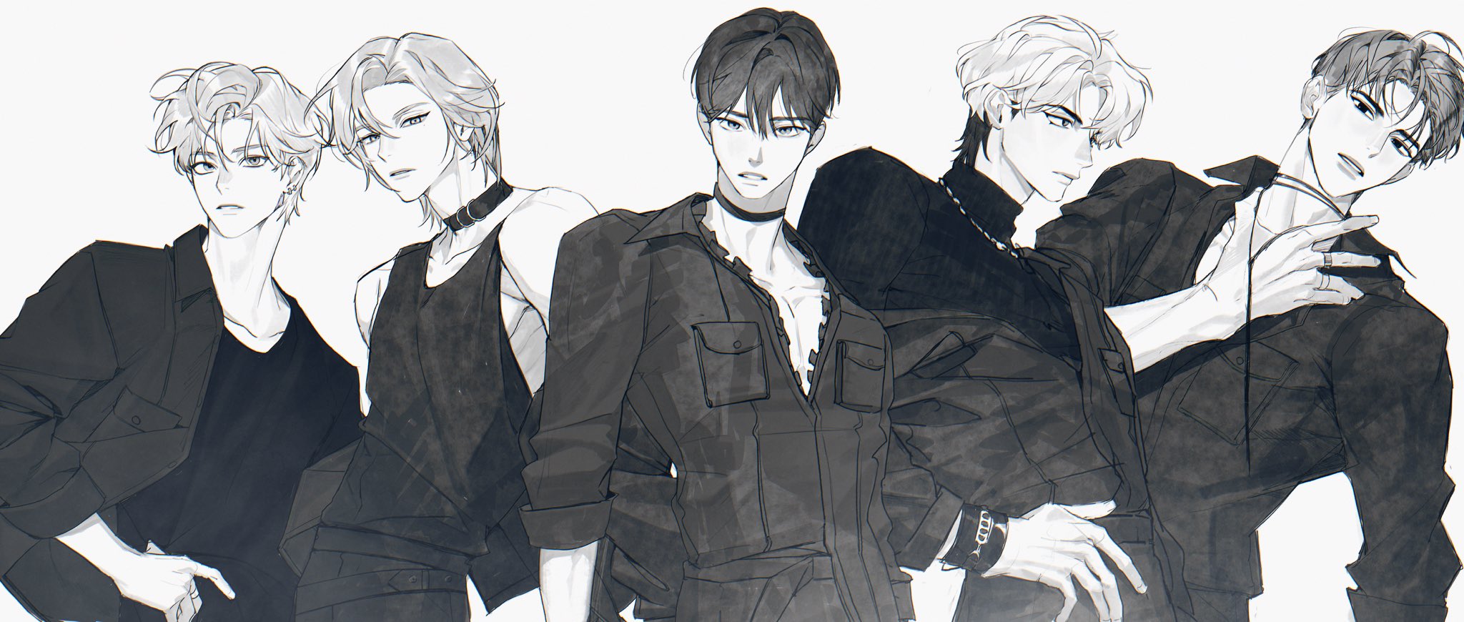 5boys bamby_(plave) belt_collar black_hair black_jacket black_shirt black_tank_top collar eunho_(plave) grey_hair hair_between_eyes hamin_(plave) hand_on_own_chest hand_on_own_hip highres jacket k-pop korean_commentary long_sleeves looking_at_viewer medium_hair monochrome multiple_boys nakddidi noah_(plave) parted_bangs parted_lips plave shirt short_hair simple_background sweater tank_top turtleneck turtleneck_sweater white_background white_hair yejun_(plave)