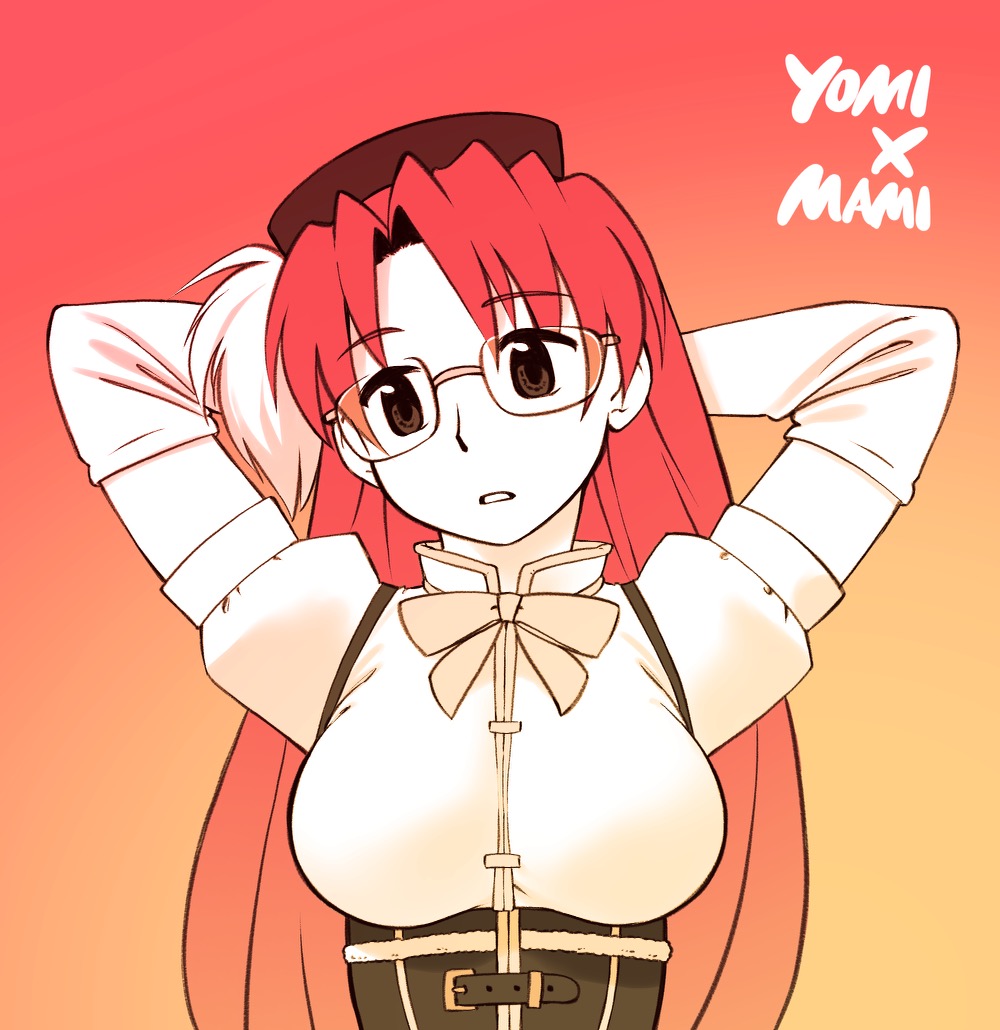 1girl arms_behind_head azumanga_daiou beret bow bowtie breasts character_name commentary corset cosplay detached_sleeves glasses gloamy gradient_background gradient_hair hat head_tilt long_hair looking_afar mahou_shoujo_madoka_magica medium_breasts mizuhara_koyomi multicolored_hair orange_background parted_lips puffy_sleeves red_background red_hair rimless_eyewear simple_background solo tomoe_mami tomoe_mami_(cosplay) tomoe_mami_(magical_girl) upper_body
