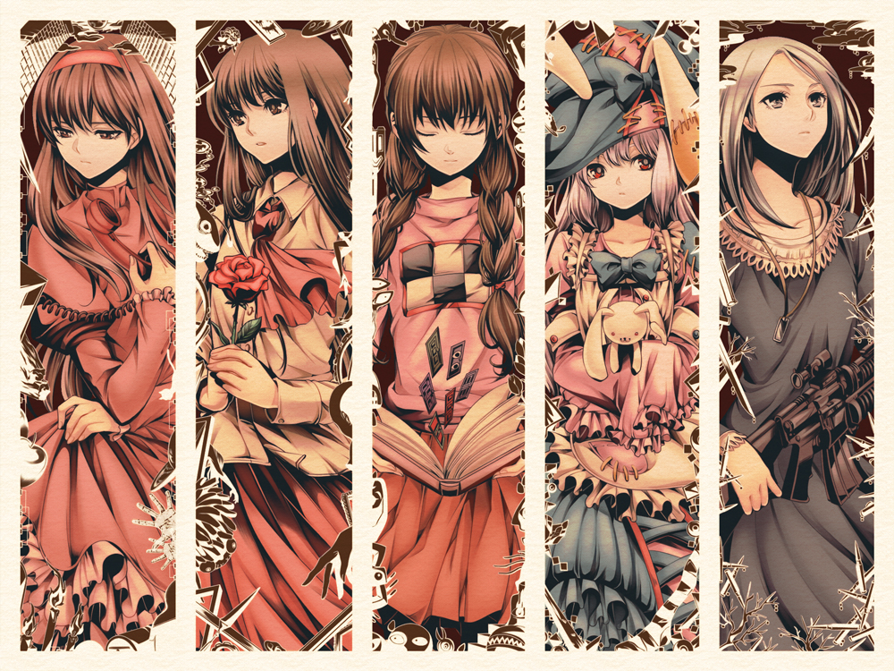 5girls assault_rifle b.d_(palette) book braid bullet crossover dahlia_(lasciatemi_morire) dahlia_~lasciatemi dahlia_~lasciatemi_morire~ dog_tags dress flower frilled_dress frills gun hat ib_(ib) ib_(kouri) irisu_kyouko irisu_shoukougun! m16 m16a4 madotsuki morire~ multiple_crossover multiple_girls olmatown palette_~forget-me-not~ pink_shirt rifle rose shirt weapon witch_hat yume_nikki