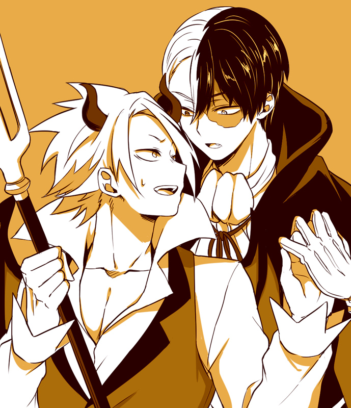 2boys arms_up ascot boku_no_hero_academia burn_scar cape collarbone collared_cape collared_shirt commentary_request demon demon_horns eye_contact gloves halloween_costume heterochromia holding holding_hands holding_pitchfork horns kaminari_denki long_sleeves looking_at_another male_focus monochrome multicolored_hair multiple_boys mystical_high_collar naruse_(naru_224s) nervous_sweating open_mouth orange_background parted_bangs parted_lips pitchfork popped_collar scar scar_on_face shirt simple_background split-color_hair sweat teeth todoroki_shoto upper_body upper_teeth_only vampire vest