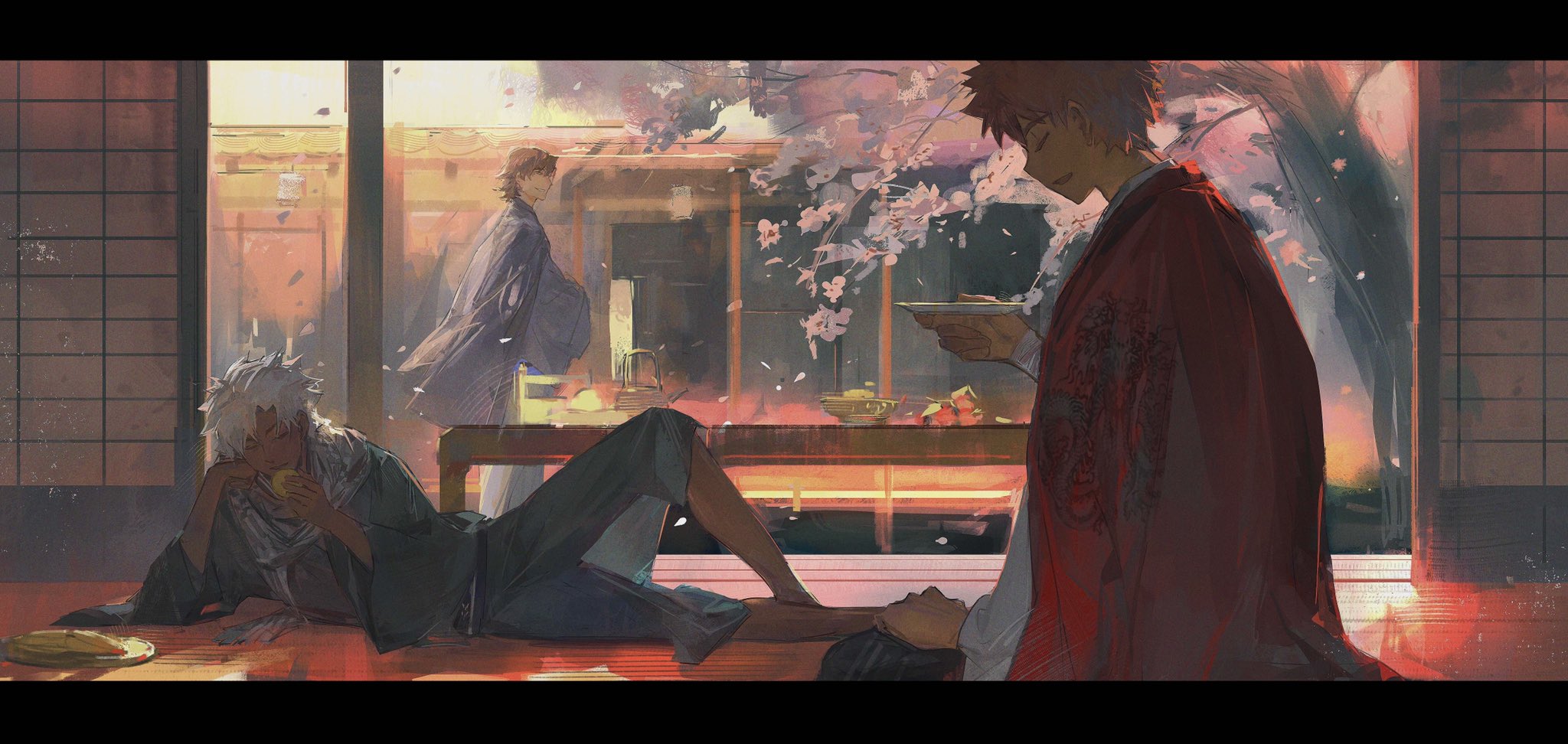 3boys architecture black_hair black_hakama black_kimono cherry_blossoms cqqqqdaze cup dark-skinned_male dark_skin dragon_print east_asian_architecture eating emiya_kiritsugu emiya_kiritsugu_(assassin) emiya_shirou falling_petals fate/grand_order fate_(series) hakama highres holding holding_cup japanese_clothes kimono kimono_on_shoulders knee_up kotomine_kirei letterboxed lying multiple_boys official_alternate_costume on_side petals grigori_rasputin_(fate) red_kimono sakazuki scarf senji_muramasa_(fate) shouji sitting sliding_doors standing teapot white_hair white_kimono white_scarf