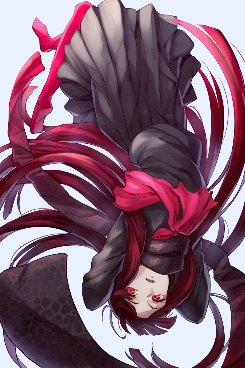 1girl arms_behind_head arms_up black_scarf black_shirt black_skirt fate/grand_order fate_(series) full_body gradient_hair grey_background long_hair long_scarf long_sleeves looking_at_viewer multicolored_hair neckerchief no_shoes oryou_(fate) pantyhose parted_lips pink_hair pink_neckerchief pink_pantyhose pleated_skirt red_eyes red_hair scarf shirt simple_background skirt snake_print solo soraao0322 upside-down