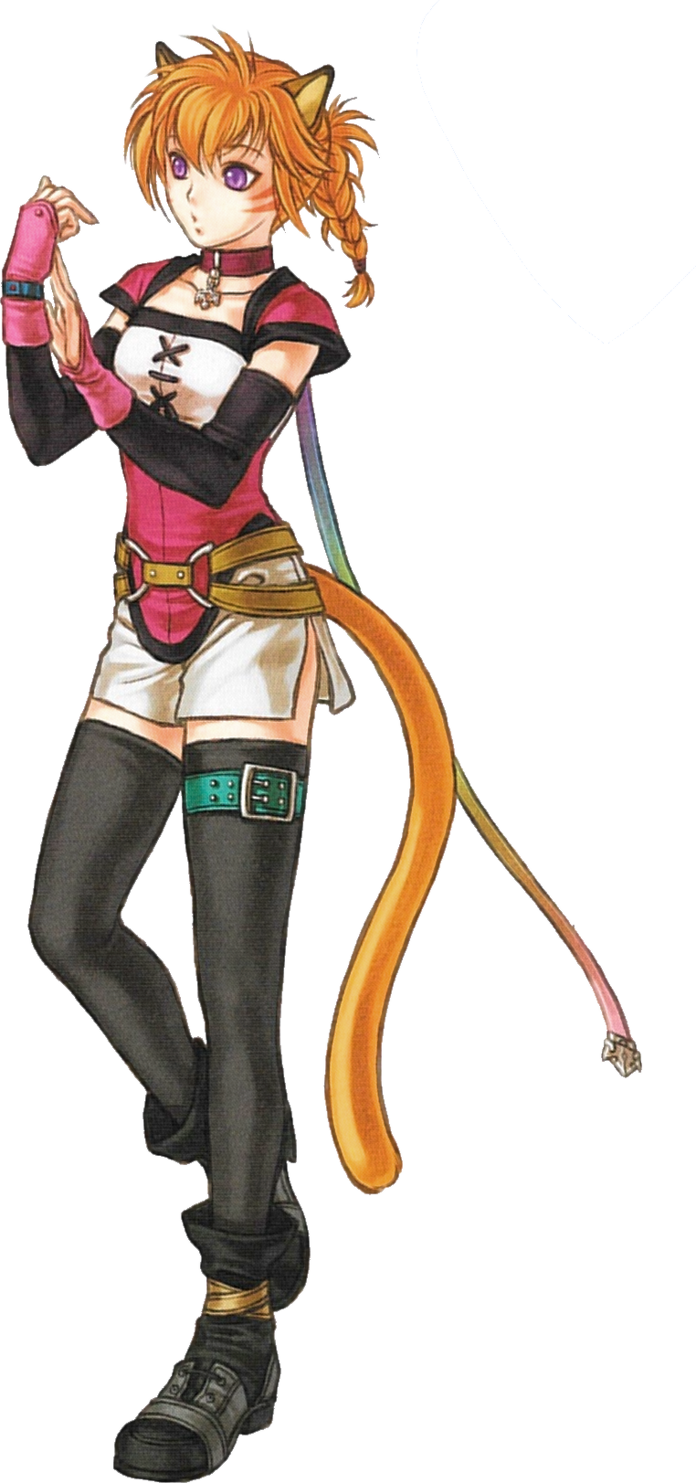 1girl animal_ears belt black_boots black_thighhighs boots braid cat_ears cat_girl cat_tail collar facepaint facial_mark fire_emblem fire_emblem:_radiant_dawn hand_guard highres kita_senri laguz_(fire_emblem) lyre_(fire_emblem) nintendo o-ring o-ring_belt official_art orange_hair orange_tail pink_collar purple_eyes rainbow_ribbon shorts side_slit side_slit_shorts solo tail thigh_belt thigh_strap thighhighs thighs third-party_edit third-party_extraction whisker_markings