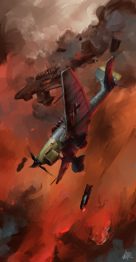 abe_yasushi_(umizoi_tibet) aircraft airplane bomb bomber burning damaged dive_bomber explosive fire flying ju_87 junkers_ju_87 military military_vehicle original propeller propeller_fighter smoke vehicle_focus weapon world_war_ii