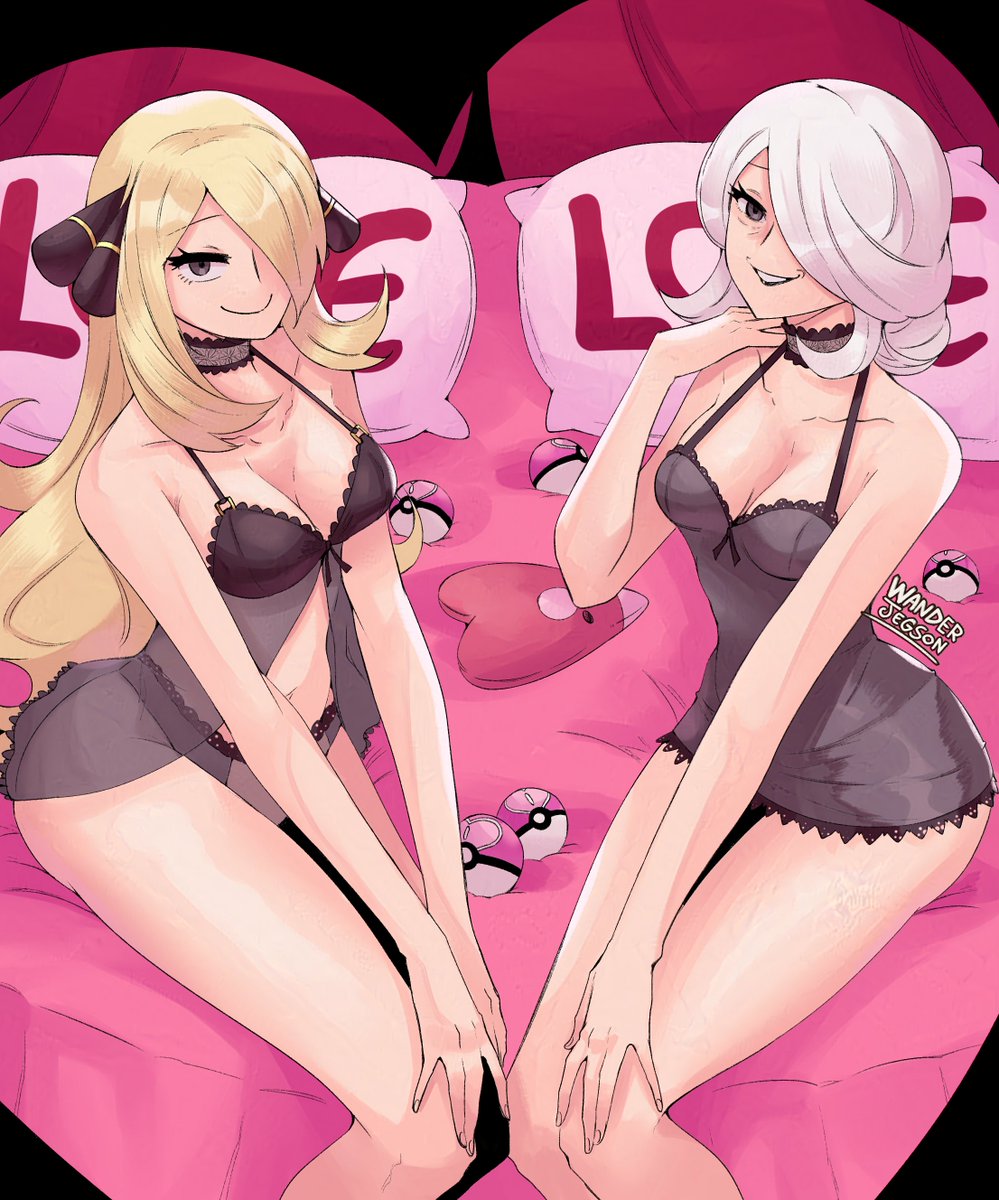 2girls artist_name bed_sheet blonde_hair breasts cleavage cogita_(pokemon) cynthia_(pokemon) from_above gen_3_pokemon hair_over_one_eye heart highres legs looking_at_viewer love_ball luvdisc mature_female medium_breasts multiple_girls nintendo old old_woman poke_ball pokemon pokemon_dppt pokemon_legends:_arceus sitting small_breasts take_your_pick wanderjegson white_hair