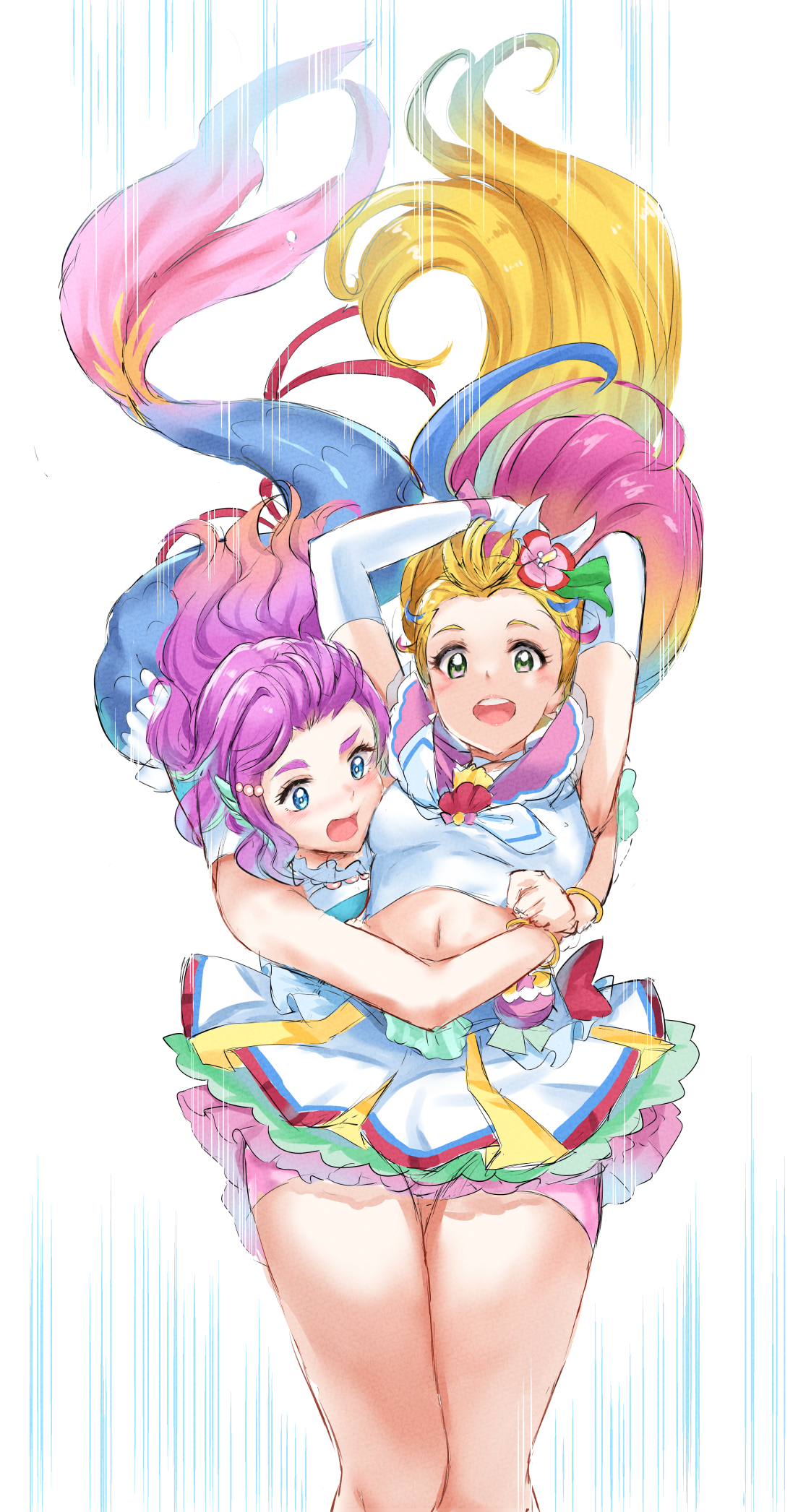 2girls :d bike_shorts_under_skirt blonde_hair blue_eyes cheek-to-breast cheek_squash cure_summer floating_hair flower gradient_hair green_eyes hair_flower hair_ornament highres kamishiro_ryuu laura_la_mer long_hair mermaid midriff monster_girl multicolored_eyes multicolored_hair multiple_girls natsuumi_manatsu navel open_mouth pink_eyes pink_hair pink_shorts precure shorts skirt smile teeth thick_eyebrows tropical-rouge!_precure two-tone_eyes upper_teeth_only very_long_hair wavy_hair