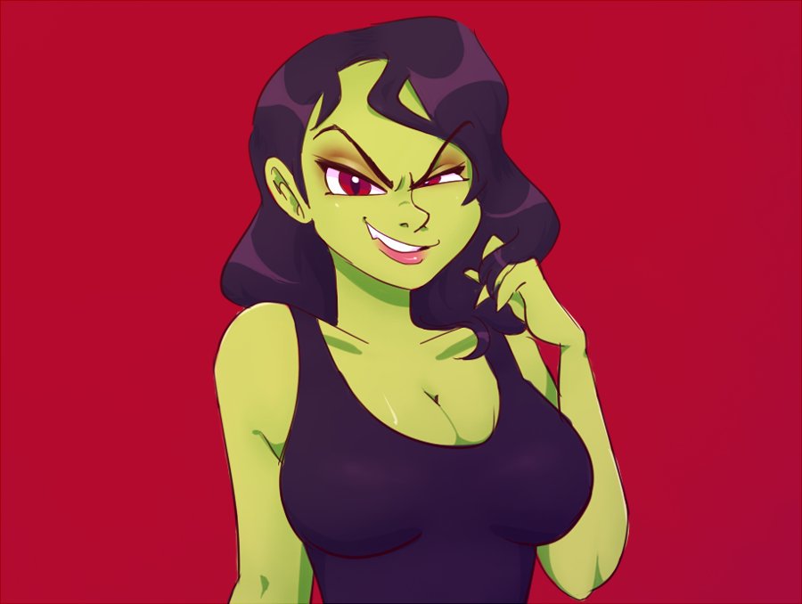 1girl alternate_form bad_end banjo-kazooie black_hair breasts cleavage colored_skin green_skin gruntilda_winkybunion hand_up large_breasts long_hair looking_at_viewer parted_lips red_background red_eyes simple_background skippyrip slit_pupils smile solo