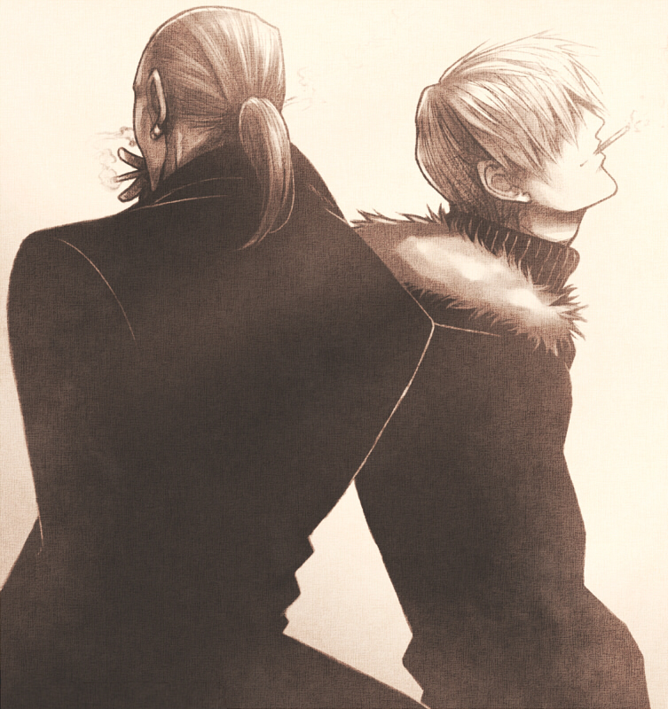 07th_expansion amakusa_juuza cigarette formal_clothes jacket monochrome no_naku_koro_ni_(series) okonogi_tetsurou profile silver_hair suit umineko_no_naku_koro_ni