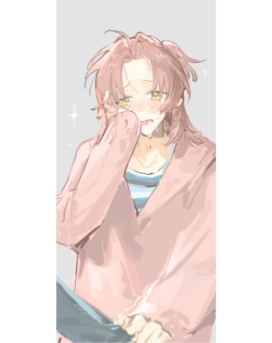 1girl blush crying crying_with_eyes_open green_eyes grey_background long_sleeves open_mouth original parted_bangs pink_hair pink_sweater qyzhiaiyisheng shirt solo sparkle striped_clothes sweater tears