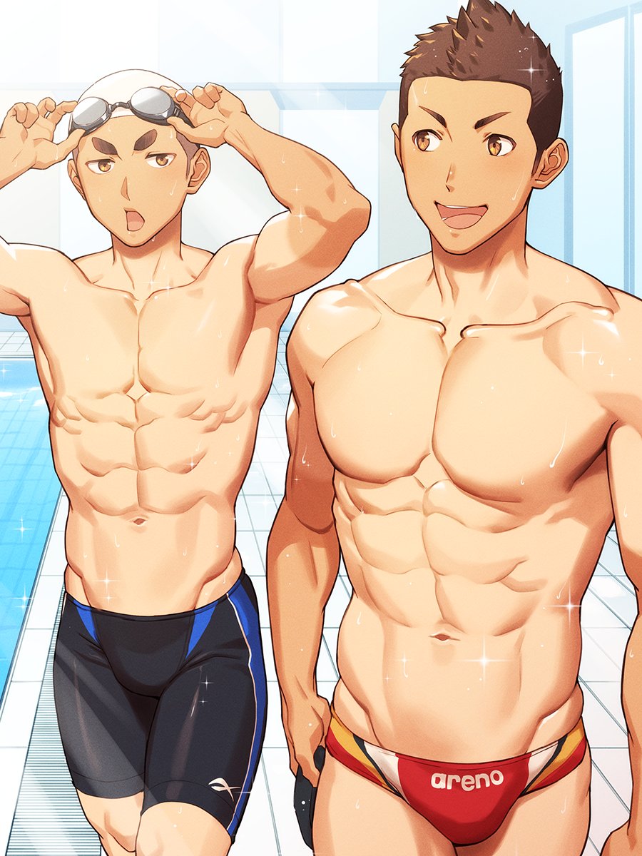 2boys abs arena_(company) black_male_swimwear brown_eyes brown_hair collarbone floor_tiles goggles goggles_on_head highres indoors jammers looking_at_another male_focus male_swimwear multiple_boys navel open_mouth original pectorals pool red_male_swimwear shaved_head short_hair sparkle swim_briefs swim_cap swim_goggles tettabuzz toned toned_male topless_male walking wet