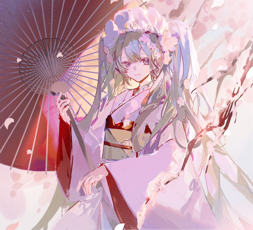 1girl branch cherry_blossoms commentary falling_petals female_focus flower green_eyes green_hair hair_flower hair_ornament hatsune_miku headdress holding holding_umbrella japanese_clothes kimono long_hair looking_at_viewer mamenomoto obi oil-paper_umbrella petals pink_flower pink_theme sash smile solo twintails umbrella upper_body very_long_hair vocaloid white_kimono wide_sleeves