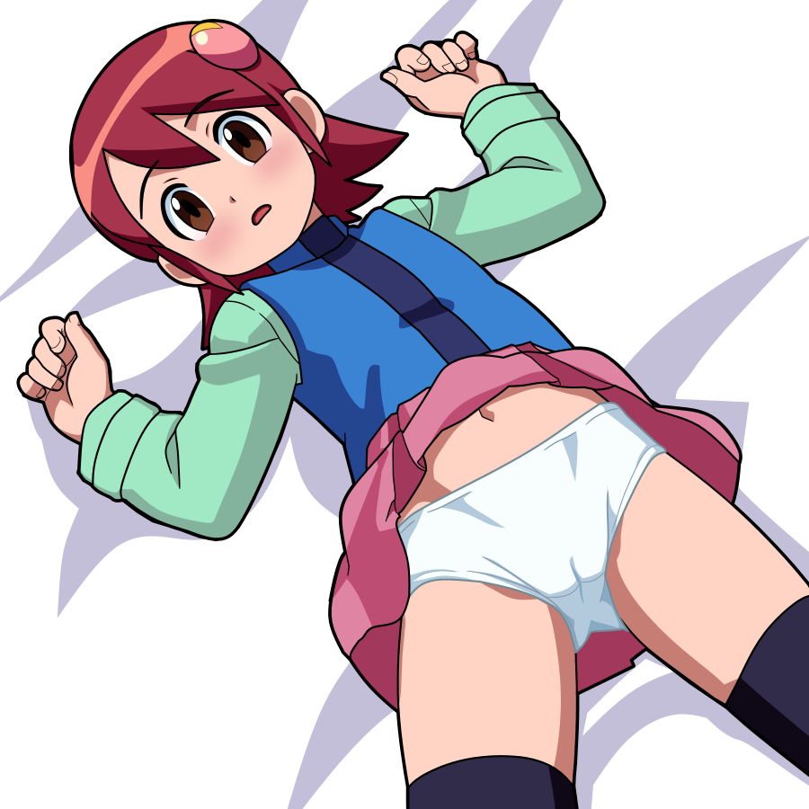 1girl 6kan :o bed_sheet black_thighhighs blue_jacket blush brown_eyes brown_hair cameltoe capcom clothes_lift female_focus from_above hair_ornament jacket loli looking_at_viewer lying mayl_sakurai_(mega_man) medium_hair mega_man_(series) mega_man_battle_network mega_man_battle_network_(series) multicolored_jacket navel on_back panties pantyshot pink_skirt sidelocks skirt skirt_lift solo thighhighs two-tone_jacket underwear white_panties