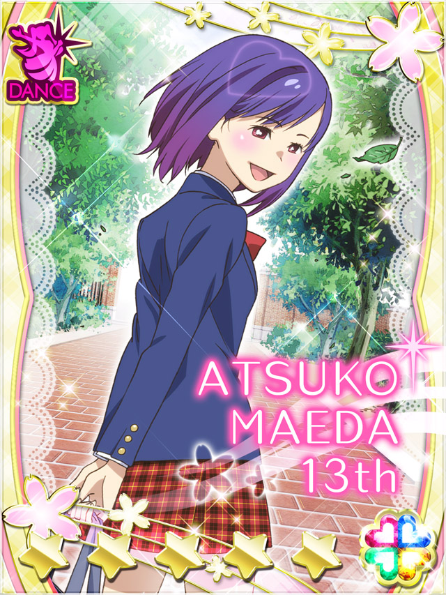 1girl :d akb0048 arms_behind_back bag blazer blue_jacket bow bowtie card_(medium) character_name cowboy_shot dutch_angle from_behind heart holding holding_bag jacket long_sleeves looking_at_viewer looking_back maeda_atsuko_(akb0048) non-web_source official_art open_mouth outdoors plaid_clothes plaid_skirt purple_eyes purple_hair red_bow red_bowtie red_skirt school school_uniform short_hair skirt smile solo sparkle star_(symbol) tree walking