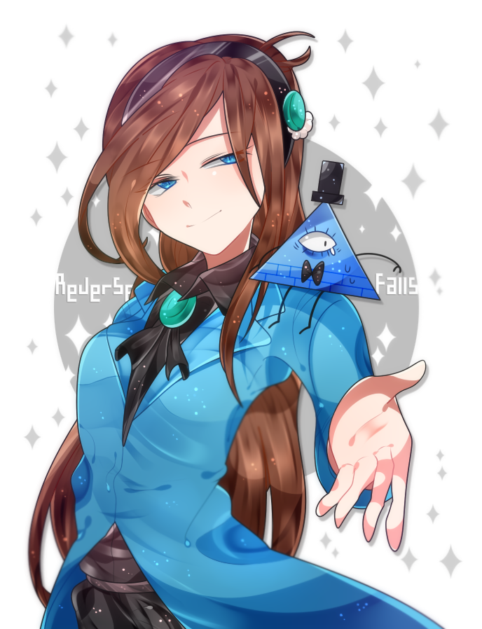 1girl aqua_eyes ascot bill_cipher brooch brown_hair coat dark_persona formal_clothes gem gravity_falls hair_ornament hairband jewelry long_hair mabel_gleeful mabel_pines will_cipher