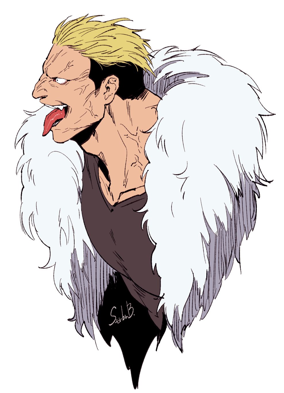 1boy black_shirt bloodshot_eyes collarbone commentary cropped_torso fang fur_trim hair_slicked_back highres korean_commentary male_focus multicolored_hair profile sharp_teeth shirt signature simple_background small_pupils solo strbrb789 t-shirt teeth the_king_of_fighters tongue tongue_out two-tone_hair veins veiny_face veiny_neck white_background white_fur yamazaki_ryuuji