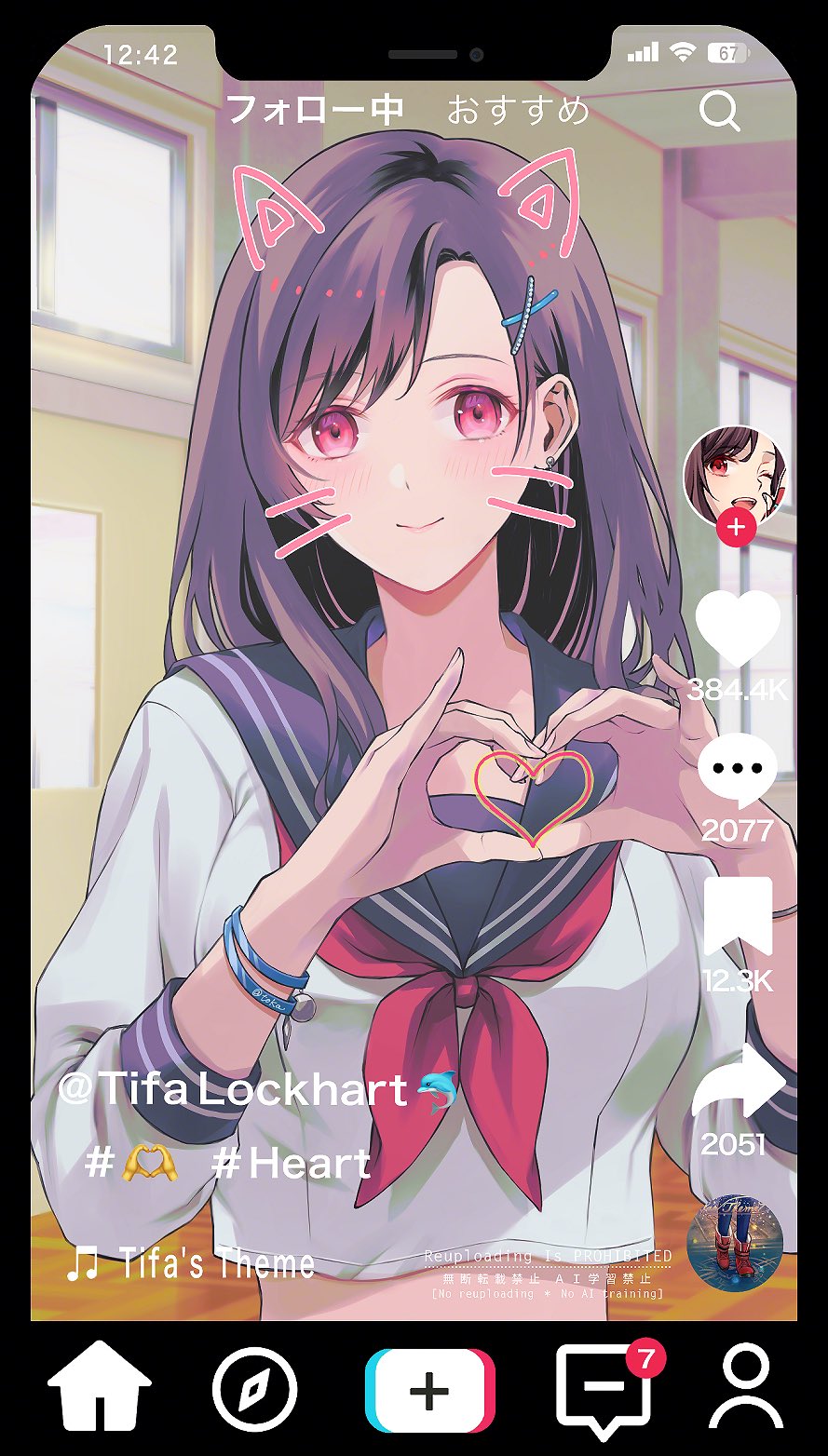 1girl animal_ears black_hair blue_sailor_collar bracelet breasts camera_phone cat_ears character_name closed_mouth commentary_request dolphin drawn_ears drawn_whiskers earrings fake_animal_ears final_fantasy final_fantasy_vii final_fantasy_vii_ever_crisis hair_ornament hairclip heart heart_hands highres jewelry large_breasts long_hair looking_at_viewer midriff midriff_peek neckerchief quichi_91 red_eyes red_neckerchief sailor_collar school school_uniform serafuku single_earring smile solo swept_bangs tifa_lockhart tifa_lockhart_(midgard_seventh_high_school) tiktok upper_body white_serafuku