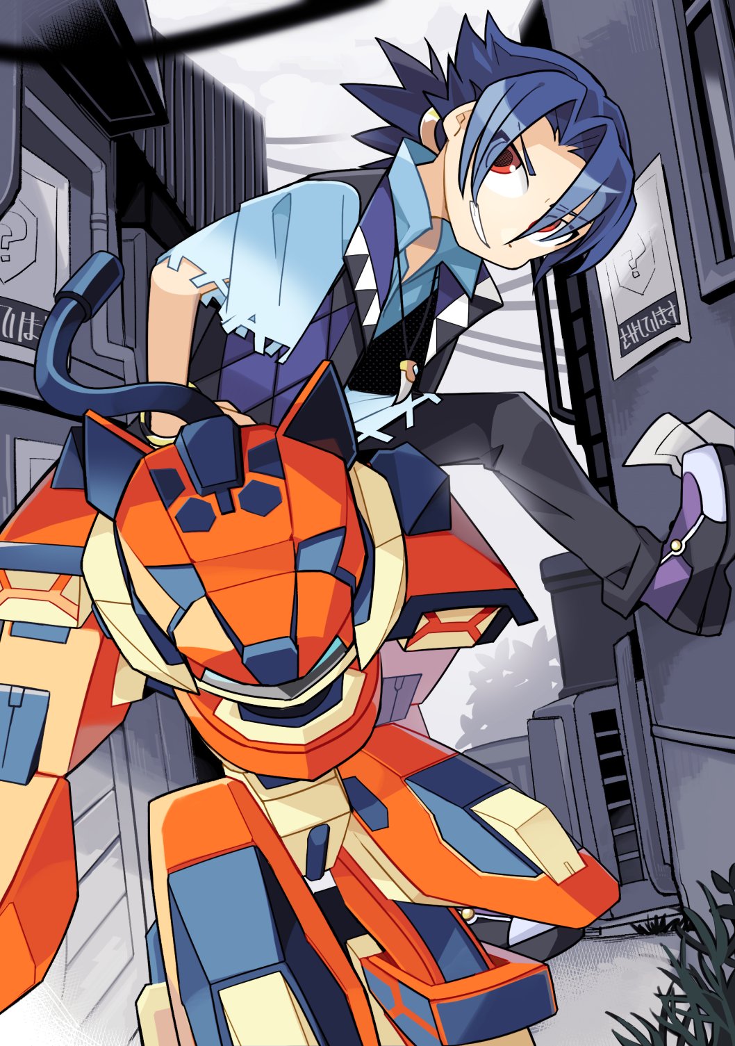 2boys armor black_pants black_vest blue_hair blue_shirt brown_eyes character_request evilrex highres medarot medarot_s medium_hair ms_junk multiple_boys orange_armor outdoors pants robot shirt vest