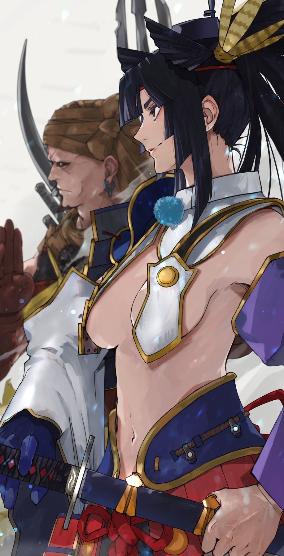 1boy 1girl armor armpits asymmetrical_sleeves bare_shoulders black_eyes black_hair black_sclera blue_gloves blunt_bangs breast_curtains breasts brown_gloves closed_mouth colored_sclera commentary_request detached_sleeves ear_piercing earrings fate/grand_order fate_(series) feather_hair_ornament feathers fighting_stance from_side gloves hair_bun hair_ornament hat highres holding holding_behind_back holding_sword holding_sword_behind_back holding_weapon holding_weapon_behind_back japanese_armor jewelry katana kusazuri lips long_hair medium_breasts mismatched_sleeves musashibou_benkei_(fate) navel neko_no_kedama no_bra piercing pink_lips polearm ponytail profile purple_sleeves revealing_clothes sheath sheathed shoulder_armor side_ponytail sideboob simple_background single_glove single_hair_bun smile smirk sode spear stomach sword tate_eboshi trident ushiwakamaru_(fate) very_long_hair weapon white_background