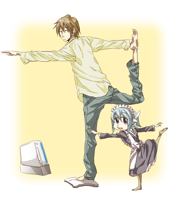 1boy 1girl 3ldkm bad_id bad_pixiv_id blouse collared_shirt fumimi game_console hair_between_eyes kansai_local maid pantyhose petite product_placement shirt size_difference standing standing_on_one_leg tsuneda wii yellow_shirt