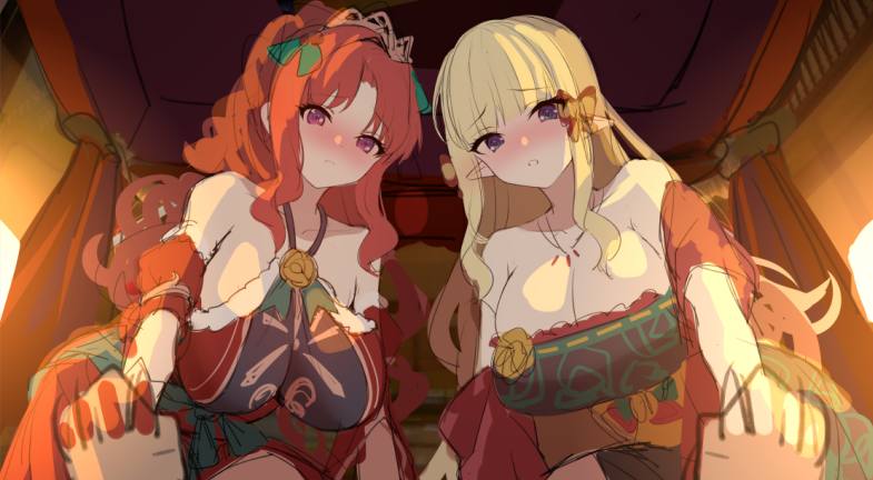 1other 2girls akino_(princess_connect!) blonde_hair blush dress image_sample long_hair multiple_girls princess_connect! red_hair saren_(princess_connect!) twitter_sample xiujia_yihuizi