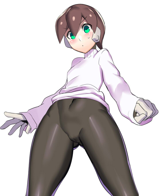 1girl aile_(mega_man_zx) alternate_costume blush bodysuit brown_hair cameltoe covered_navel cowboy_shot from_below gloves green_eyes hair_between_eyes hip_focus long_sleeves mega_man_(series) mega_man_zx robot_ears short_hair simple_background skin_tight solo spandex standing sweatdrop sweater turtleneck turtleneck_sweater ukimukai white_background white_gloves white_sweater