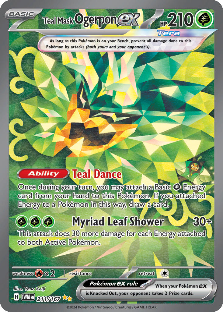 artist_name card_(medium) character_name closed_mouth company_name copyright_name copyright_notice english_text keiji_yano mask nintendo official_art ogerpon ogerpon_(teal_mask) pokemon pokemon_(creature) pokemon_card pokemon_focus pokemon_tcg smile solo terastallization third-party_source trading_card yellow_eyes