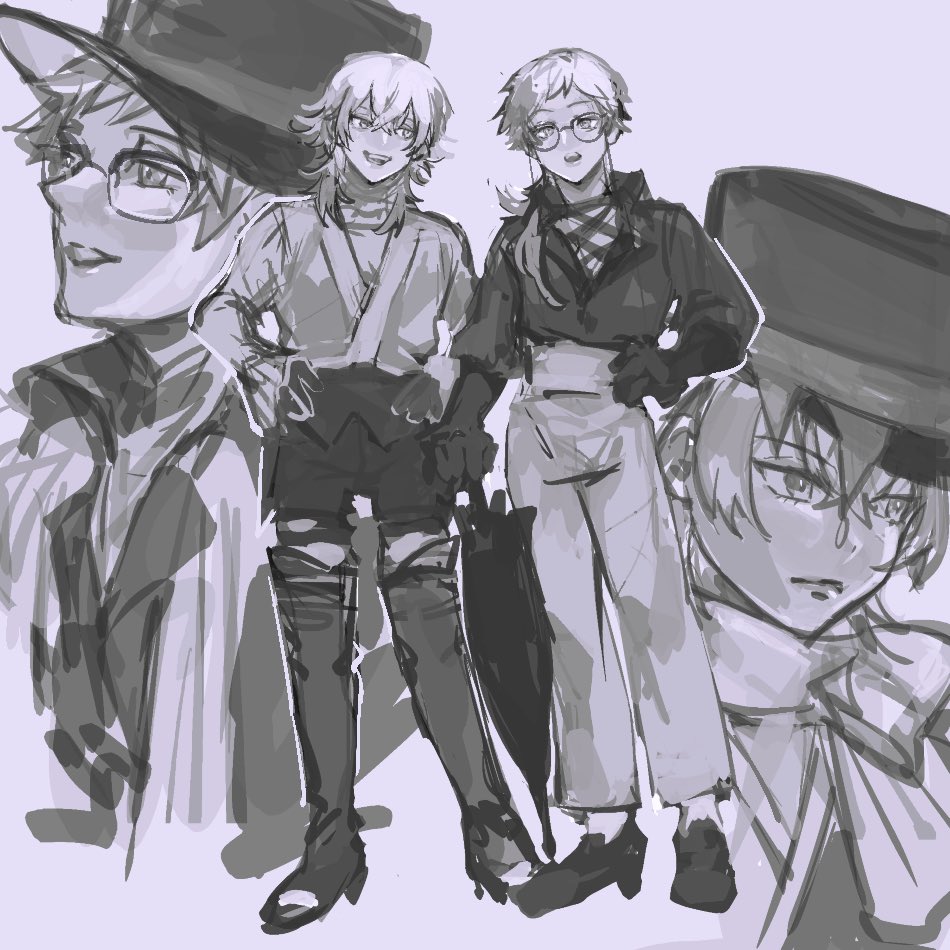 2boys bettel_2_(gavis_bettel) boots brothers closed_umbrella commentary english_commentary full_body gavis_bettel gavis_bettel_(1st_costume) glasses gloves grey_background greyscale hair_between_eyes hand_on_own_hip hands_on_own_hips hat high_heel_boots high_heels holding holding_umbrella holostars holostars_english long_sleeves looking_at_viewer low_ponytail male_focus medium_hair monochrome multiple_boys open_mouth pants ponytail scarf shirt short_hair shorts siblings sketch smile standing top_hat tunainon twins umbrella virtual_youtuber