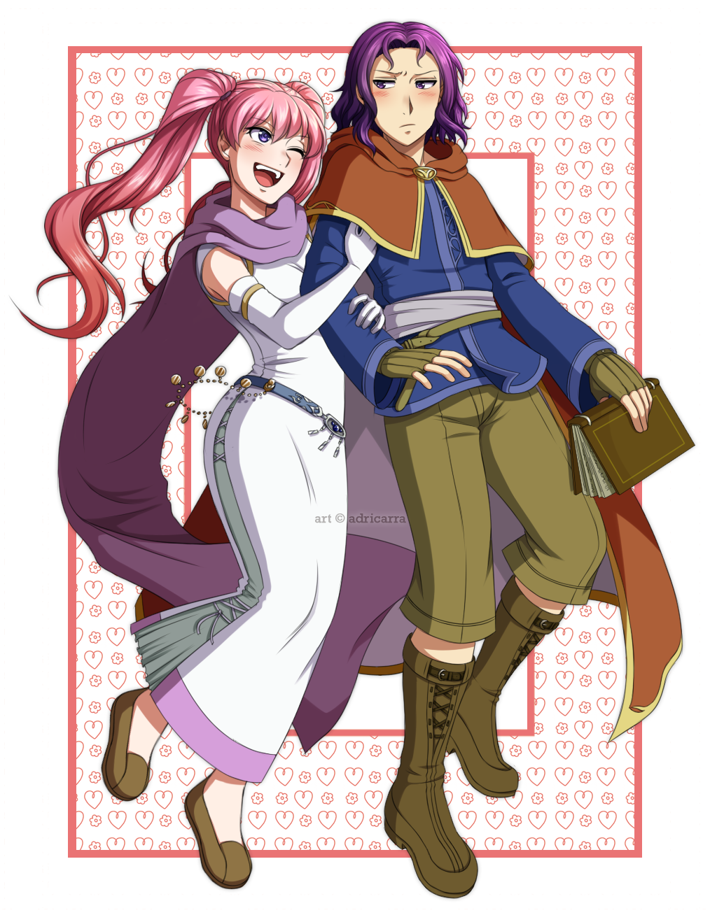 1boy 1girl adricarra arm_grab arm_hug belt blush book boots cape cross-laced_footwear dress elbow_gloves erk_(fire_emblem) fingerless_gloves fire_emblem fire_emblem:_the_blazing_blade gloves heart heart_background highres locked_arms long_hair long_sleeves looking_at_another nintendo one_eye_closed open_mouth pants pink_hair purple_eyes purple_hair robe scarf serra_(fire_emblem) shoes short_hair sleeveless smile twintails white_dress white_gloves wink