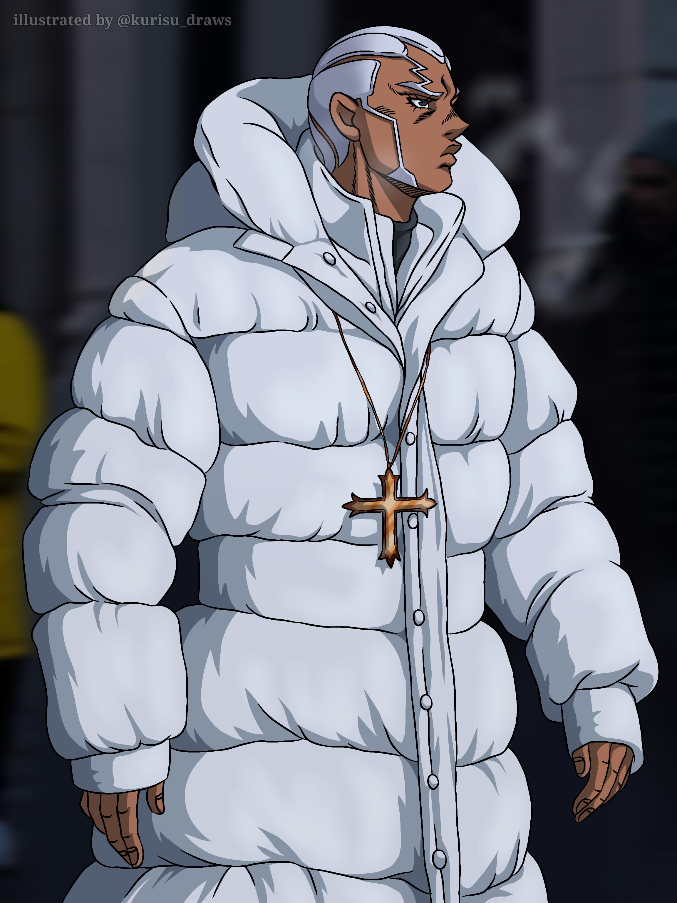 1boy absurdres ai-generated_art_(topic) comic cross cross_patonce dark_skin enrico_pucci greyscale highres hood hood_down hooded_jacket jacket jewelry jojo_no_kimyou_na_bouken jojo_pose kurisu_draws long_coat long_jacket monochrome necklace photo_background real_life short_hair solo stone_ocean white_hair white_jacket