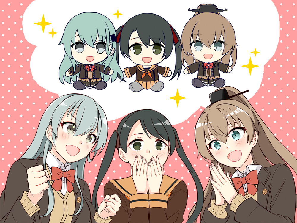 3girls aqua_eyes aqua_hair black_hair blazer blue_eyes bow bowtie brown_hair brown_jacket brown_shirt cardigan character_doll collared_shirt commentary_request covering_own_mouth jacket kantai_collection kumano_(kancolle) kumano_kai_ni_(kancolle) long_hair meta mikuma_(kancolle) mikuma_kai_ni_(kancolle) multiple_girls orange_sailor_collar pink_background red_bow red_bowtie sailor_collar sailor_shirt school_uniform serafuku shirt suzuya_(kancolle) suzuya_kai_ni_(kancolle) teramoto_kaoru twintails upper_body