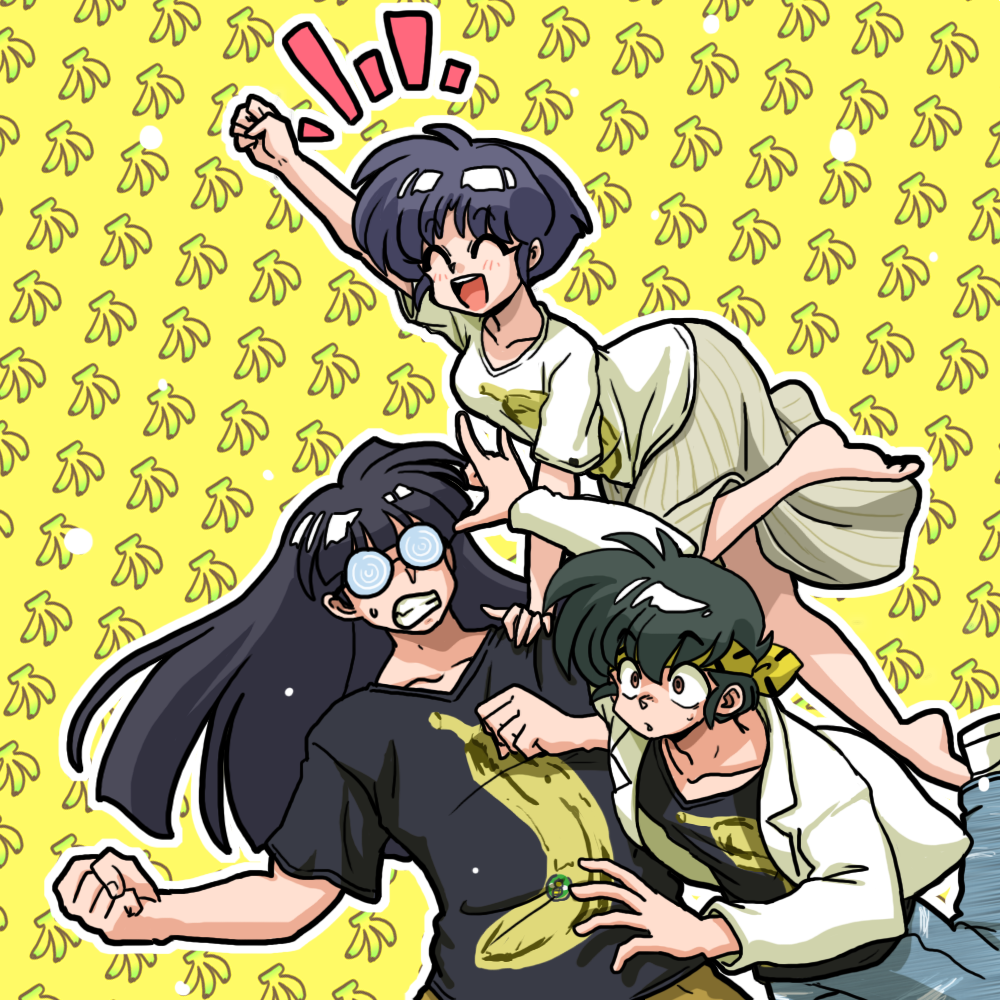 1girl 2boys bandana glasses hibiki_ryouga mousse_(ranma_1/2) multiple_boys open_mouth ranma_1/2 short_hair skirt teeth tendou_akane wanta_(futoshi) yellow_background yellow_bandana