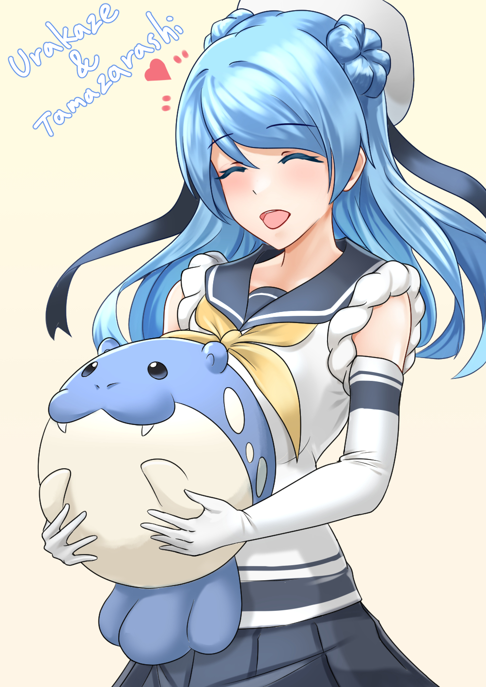 1girl blue_hair blue_sailor_collar blush breasts character_name closed_eyes double_bun elbow_gloves fangs fangs_out gen_3_pokemon gloves hair_bun hat highres holding kantai_collection large_breasts long_hair neckerchief nintendo no_humans open_mouth pleated_skirt pokemon pokemon_(creature) sailor_collar sailor_hat school_uniform seal_(animal) serafuku skirt sleeves_rolled_up smile solo spheal urakaze_(kancolle) wata_nuki white_gloves white_hat yellow_background yellow_neckerchief