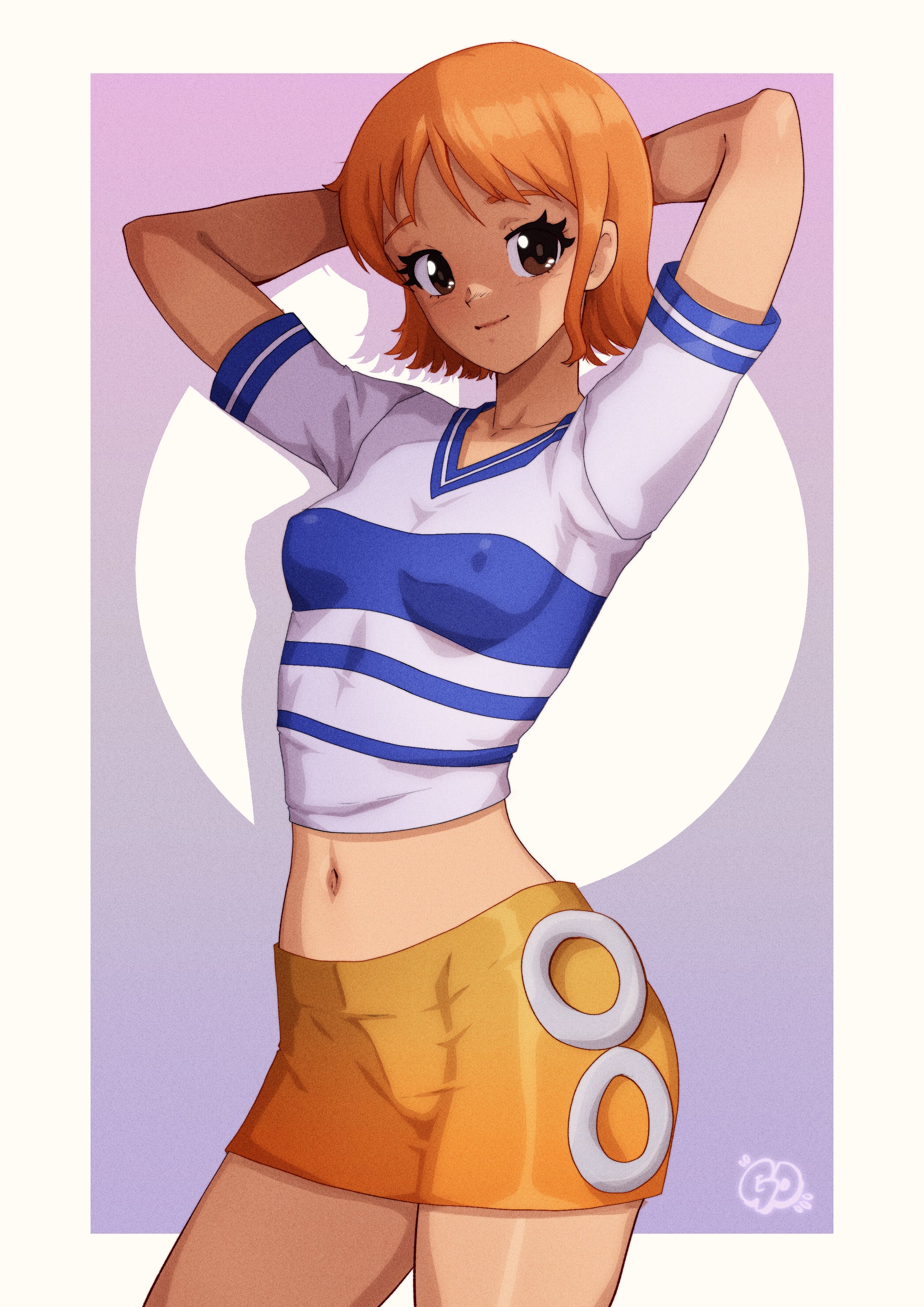 1girl absurdres arms_behind_head artist_logo blue_shirt border breasts brown_eyes closed_mouth collarbone commentary contrapposto covered_erect_nipples cowboy_shot crop_top highres light_smile logo looking_at_viewer medium_breasts midriff miniskirt nami_(one_piece) nami_(one_piece)_(east_blue) navel one_piece orange_hair orange_skirt outside_border purple_background shirt short_hair short_sleeves skirt solo standing striped_clothes striped_shirt thatpersonaguy two-tone_shirt v-neck white_border white_shirt