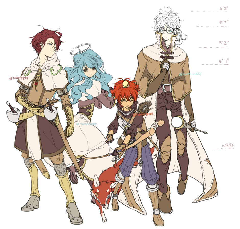 1girl 3boys acolyte_(ragnarok_online) animal animal_on_head archer_(ragnarok_online) armored_boots arrow_(projectile) bird bird_on_head black-framed_eyewear blue_eyes blue_hair blue_shorts boots bow_(weapon) brown_capelet brown_eyes brown_gloves brown_pants brown_pantyhose brown_shirt brown_shorts brown_vest cape capelet chick closed_mouth desert_wolf_(ragnarok_online) drawing_bow fake_halo frown full_body fumiddition glasses gloves halo height holding holding_bow_(weapon) holding_staff holding_sword holding_weapon long_hair long_sleeves looking_afar looking_at_viewer mage_(ragnarok_online) multiple_boys muneate on_head orange_eyes pants pantyhose pelvic_curtain quiver ragnarok_online red_hair scabbard sheath shirt shoes shorts simple_background skirt smile staff sword swordsman_(ragnarok_online) traditional_halo vest weapon white_background white_cape white_capelet white_hair white_halo white_skirt wolf