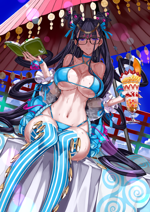1girl bare_shoulders bikini bikini_skirt black-framed_eyewear blue_bikini blue_choker blue_ribbon blue_sky blue_thighhighs book breasts center-flap_bangs choker cleavage closed_mouth cloud criss-cross_halter curvy dessert double_bun dutch_angle fanged_bangs fate/grand_order fate_(series) feet_out_of_frame food frilled_skirt frills fruit game_cg glasses groin hair_bun hair_ornament hair_ribbon halterneck hands_up head_tilt holding holding_book holding_food honjou_raita large_breasts lens_flare linea_alba long_hair looking_at_viewer murasaki_shikibu_(fate) murasaki_shikibu_(swimsuit_rider)_(fate) murasaki_shikibu_(swimsuit_rider)_(third_ascension)_(fate) navel o-ring o-ring_bikini o-ring_top off_shoulder official_art oil-paper_umbrella open_book parfait purple_eyes purple_hair rectangular_eyewear red_umbrella ribbon see-through_shrug shrug_(clothing) sitting skirt sky smile solo spaghetti_strap strawberry strawberry_parfait strawberry_slice swimsuit thighhighs third-party_source three-quarter_sleeves umbrella underboob variant_set very_long_hair wet white_shrug
