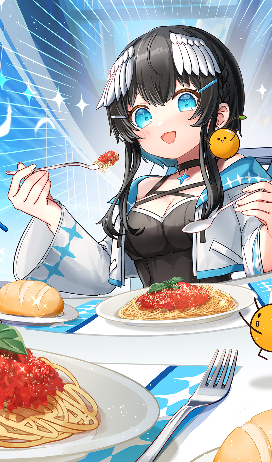 1girl :d black_dress black_hair blue_eyes blue_hair braid breasts cleavage commentary_request cropped_jacket dress feathered_wings food fork hair_ornament hairclip head_wings highres holding holding_fork indie_virtual_youtuber jacket kurata_rine kurata_rine_(vtuber) long_sleeves medium_breasts multicolored_hair open_clothes open_jacket open_mouth pasta plate smile solo spaghetti table two-tone_hair upper_body virtual_youtuber white_jacket white_wings wide_sleeves wings