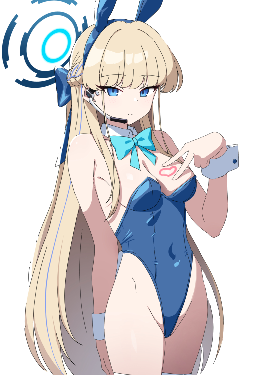 1girl animal_ears bare_shoulders blonde_hair blue_archive blue_bow blue_eyes blue_hair blue_hairband blue_leotard bow braid breasts cleavage closed_mouth collar commentary_request covered_navel detached_collar fake_animal_ears female_focus groin hair_bow hairband halo headset heijialan highleg highleg_leotard highres leotard light_smile long_hair looking_at_viewer medium_breasts multicolored_hair playboy_bunny rabbit_ears simple_background solo standing strapless strapless_leotard streaked_hair toki_(blue_archive) toki_(bunny)_(blue_archive) very_long_hair white_background white_collar wing_collar wrist_cuffs