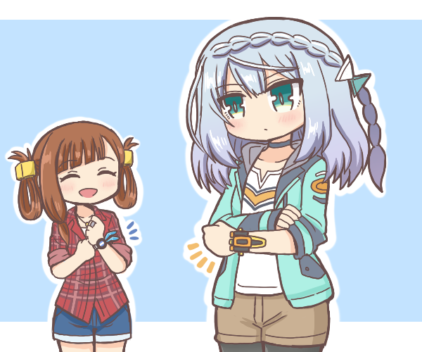 2girls :d ^_^ awane_kokoro awane_kokoro_(outdoor_costume) bad_id bad_pixiv_id blue_eyes blue_hair blue_shorts braid brown_hair closed_eyes closed_mouth commentary_request cowboy_shot hair_rings hands_up jewelry kagami_masara kagami_masara_(outdoor_costume) long_hair magia_record:_mahou_shoujo_madoka_magica_gaiden mahou_shoujo_madoka_magica multiple_girls necklace notice_lines official_alternate_costume open_mouth red_shirt reverse_(bluefencer) shirt shorts smile standing white_shirt