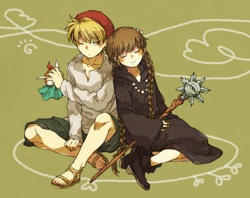 1boy 1girl bandana blonde_hair blush braid brown_hair closed_eyes gipple higashi_eria kukuri_(mahoujin_guruguru) long_hair mahoujin_guruguru nike_(mahoujin_guruguru) short_hair staff twin_braids