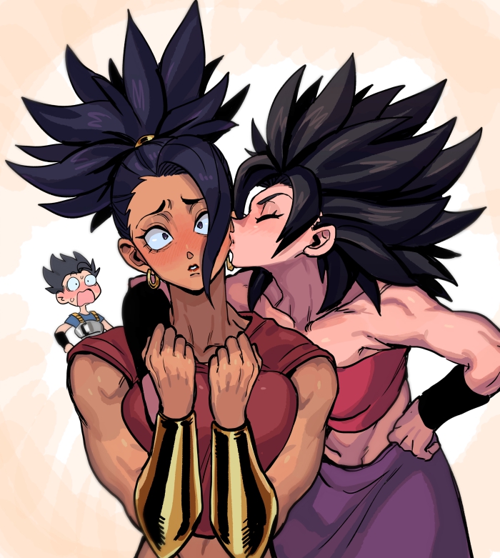 2girls black_eyes black_hair blush breasts cabba caulifla cleavage couple crop_top dragon_ball dragon_ball_super earrings gold_bracer jewelry kale_(dragon_ball) kiss kissing_cheek medium_breasts midriff multiple_girls muscular muscular_female nanika_(nnkgh) navel open_mouth pants pink_tube_top ponytail purple_pants saiyan simple_background single_hair_intake spiked_hair strapless tube_top yuri