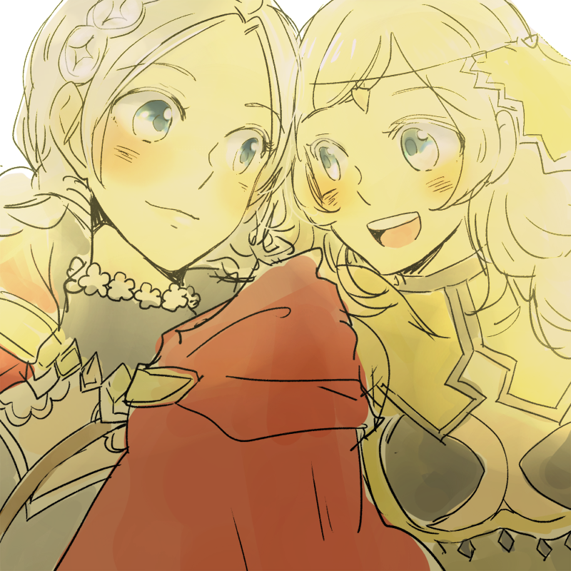 2girls blue_eyes breasts capelet circlet closed_mouth donkuma_kakusei fire_emblem fire_emblem_fates hairband large_breasts looking_at_another medium_breasts multiple_girls nina_(fire_emblem) nintendo ophelia_(fire_emblem) parted_bangs red_capelet smile swept_bangs teeth turtleneck upper_teeth_only